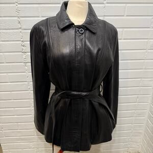 Vintage Jones New York Leather Jacket Black Belted Womens Lrg Classic Retro